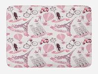 Ambesonne Eiffel Tower Bath Mat, Travel in Paris Theme Honeymoon Flowers Romance Hot Air Balloon Bike, Plush Bathroom Decor Mat with Non Slip Backing, 29.5 W X 17.5 W Inches, Pale Pink White