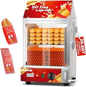WantJoin Hot Dog Steamer - 28.8QT Commercial Electric Hot Dog Steamer with Bun Warmer, Glass Sliding Door Steaming Machine for 175 Hot Dogs and 40 Buns Adjustable Temperature Red