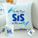 PICRAZEE “Best Sis in The World” Gift for Sister on Her Birthday (1 pc 12”x12” Satin Cushion with Filler, Coffee Mug& Key Ring) (Best Sis in The World)