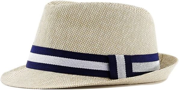 thuizen Men's and Women Summer Straw Fedora Hat, Panama Mediterranean Style Sun Visor with Striped Braided Band, One Size Fits Most, Beige