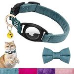 HSIGIO Airtag Cat Collar, GPS Cat Collar with Apple Air Tag Holder and Bell, Velvet Cat Tracker Collar with Safety Elastic Band for Girl Boy Cats, Kittens and Puppies, Peacock Blue, XS