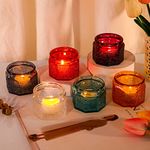 Set of 6 Colorful Glass Tea Light Candle Holders Vintage Votive Jars with Lid, Ideal New Home Party Weddings Decorations for Table Centrepiece