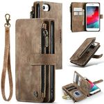 UEEBAI Wallet Case for iPhone SE 2022 5G/iPhone 7/iPhone 8/iPhone SE 2020, Handmade PU Leather Phone Case Card Slots Magnetic Zipper Pocket Kickstand Cover Flip Case for iPhone SE3/SE2 -Vintage Brown