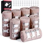 FRESINIDER Elastic Bandage Wrap 8 Pack(4 X 3" + 4 X 4" Wide Rolls) + 48 Clips | Stretch Compression Bandage Stretches up to 15ft | Ideal for Medical, Sports, Sprains, Calf, Ankle & Foot