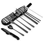 hecef 10 PCS Black Camping Travel Cutlery Set with Compact Carrying Bag, Reusable Stainless Steel Utensils, Handy Flatware Set for Work, School, Camping and Travel (Black)