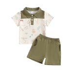 Geagodelia Toddler Baby Boys Clothes Cute Print Short Sleeve Polo Shits Elastic Waist Shorts Set Casual Summer Outfits, Army Green, 3-4 Years