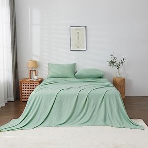 LINENOVA Vintage Washed King Single Sheet Set - 3 Piece Premium 1800TC Ultra-Soft Microfiber Bed Sheets - Cotton-Like Texture - Breathable and Soft- Sheets & Pillowcases (King Single, Sage Green)