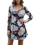 Aphratti Womens Long Sleeve Funny Halloween Print Tunic Dress Cute Swing Costume Skull Medium