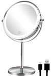 Lighted Makeup Mirror, 8" Double Sided 1x/10x Magnifying Mirror with Light, Rechargeable Makeup Mirror with 3 Color Lights, 360° Rotation Touch Screen LED Vanity Mirror, Chrome