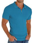 Askdeer Men's Polo Shirts Short Sleeve Zipper Polo Shirt Slim Fit Casual T Shirt Stretch Ribbed Golf Shirt Teal Blue