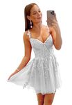 Wirunsy Women's Tulle Homecoming Dresses for Teens Spaghetti Strap Lace Applique Short Prom Dresses 2023 Cocktail Mini Dress, White, 10