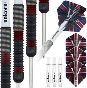 Unicorn Darts Set, James 'The Machine' Wade, 80Percent Tungsten Barrels with Two-Tone Black Titanium Coating & Red Ring Accents, Steel Tip Volute Points, 20 g