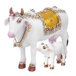 Divine Gifts Marble Dust Kamdhenu Cow n Calf, White & Gold, 8.5 Inches, Multicolor.