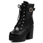 Diuniarza Women High Heel Ankle Boots Chunky Combat Boots Lace Up Round Toe Casual Booties with Platform, 8541EIL Black Size 2 UK/35