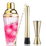 Gbuxska Cocktail Shaker Set - Glass Mixed Drink Shakers Cocktail Set, Martini Shaker with Strainer for Bars, Whiskey, Cocktails (Gold Set)