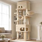 Hzuaneri 203 cm Cat Tree for Indoor Cats, Multi-layer Scratching Post with Large Platform, 2 Caves, 7 Sisal Posts, Pompoms, Cat Basket, Hammock, Suitable for Cats, Beige MS20318YL