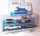 greenlight entertainment hollywood hitch & tow black white the blue brothers 1974 dodge monaco bluesmobile 2015 RAM 1500 & flatbed trailer truck 2 piece set 1.64 scale diecast model