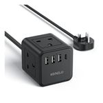 3M Cube Extension Lead with USB, Kemelo 4 Way (13A/3250W) Plug Extension Socket with 3 USB A & 1 USB C, Child Safety Extension Cord,Black Cube Power Strip for Home Desk Office