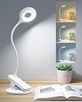 LED Clip on Reading Light - Eye-Caring 3 Color Modes & Stepless Dimming Clip on Desk Lamp 360° Flexible Gooseneck USB Rechargeable Bed Light with Clamp for Bedside Headboard Bedroom Study Work (White)