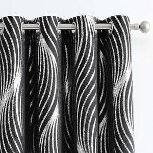 Xwincel 100% Blackout Curtains Black and Silver Foil Pattern Curtains 96 Inches Long for Living Room Metallic Silver Wave Print Drapes for Bedroom Thermal Insulated Grommet Window Curtains 2 Panel Set