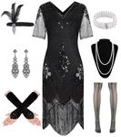 WILDPARTY 1920s Flapper Dress Sequin Beaded Dresses V Neck Lace Fringe Vintage Dress Roaring 20s Accessories Black