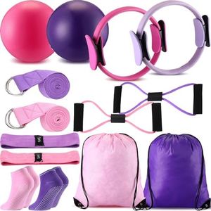 Poen 14 Pcs Pilates Ring and Ball Set for Women Pilates Ring Circle Ball with Stretching Strap 8 Resistance Bands Non Slip Socks Gym Back Bags Exercise Equipment for Workout (Purple, Pink)