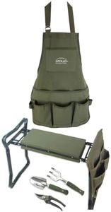 Apollo Tools 6 Piece Garden Set with Foldable Seat Adjustable to Kneeler Position, Washable Green Apron with Deep Pockets, and 3 Quality Garden Tools; Trowel, Pruner, and Rake - Green - DT3798