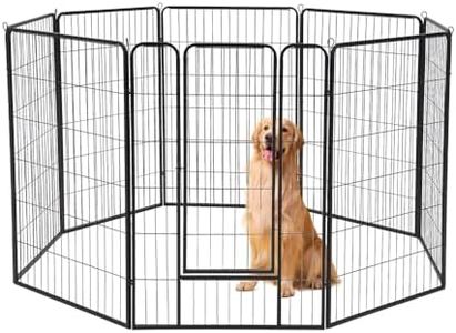 Petzly Dog Playpen 8 Panel Pet Playpen with Door, 80 x 120 CM Foldable Metal Exercise Puppy Playpen for Large/Medium/Small Dogs, Dog Pen for Camping RV Garden Yard Indoor Outdoor, Black