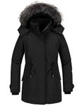 CHIN·MOON Women's Winter Down Coat Warm Thicken Parka Faux Fur Hooded Outwear Jacket Mid Length Windproof Puffer Black L