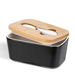 Porcelain Butter Dish with Butterknife & Lid, Henten Home Airtight Butter Keeper for Countertop, Large Butter Holder for All Types of Butter(Matte Black)