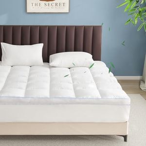 LINENOVA 1500GSM Bamboo Mattress Topper - 10cm Gusset - Queen, Cooling & Soft, High Loft Natural Bamboo Fiber Filling, Hypoallergenic & Breathable,Washable Mattress Topper for All Seasons