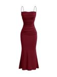 Milumia Women's Long Slip Dress Ruched Spaghetti Strap Sleeveless Fishtail Bodycon Maxi Cami Dress, Burgundy, Medium