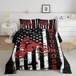 Dirt Bike Comforter Set for Teens, American Flag Bedding Set King, Motocross Rider Extreme Sport Down Comforter United States Federations Stars Quilted Duvet for Kids Boys Adult, Black White White