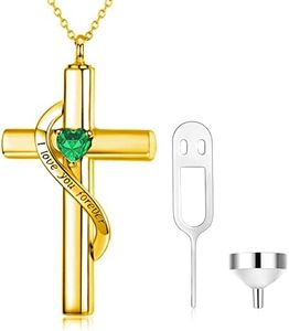 SOULMEET Custom 10k 14k 18k Gold Cross Necklace for Ashes, Birthstone May Cross Urn Keepsake Cremation Jewelry for Pet Human Ashes
