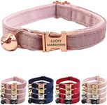 PETDURO Personalized Velvet Cat Collars with Bells & Name Engraved Metal Buckle Customized for Cute Girl Cats and Boy Cats (Large, Champagne Pink Velvet Rose Gold Buckle)