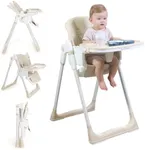 Sunchildor 3 in 1 Baby High Chair with Wheels, Adjustable 5 Point Harness, Tray, Foot Rest, Backrest and Seat Height, Foldable High Chair for Toddlers, Beige