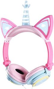 sunvito Cuffie Unicorno Bambina, gatto orecchie led, con filo, Pieghevoli, 2-10 anni, 85dB Volume