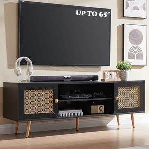 JYED DECOR Mid Century Modern TV Stand for 65 inch TV, Entertainment Center with Storage, Metal Mesh Decorated Cabinet Doors for Living Room, Black