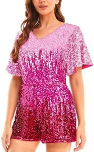 MANER Women’s Sequin Romper Sparkly Short Jumpsuit Party Concert Outfit With Flutter Sleeve, Bright Pink/Rose Red/Red, Large