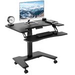 VIVO Black Electric Mobile Height Adjustable 91cm Dual Platform Standing Desk with Wheels, Rolling Small Space Table, Sit Stand Workstation, DESK-V111VT