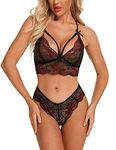 RSLOVE Lingerie Set for Women Sexy Bra and Panty Set 2 Piece Lace Strappy Babydoll Wine Red Small