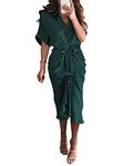 BTFBM Women 2023 Button Down Ruched Shirt Dresses Short Sleeve Lapel V Neck Elegant Party Spring Summer Maxi Satin Dress(Short Sleeve Dark Green, Small)