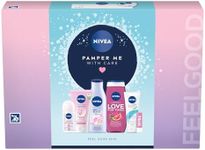 NIVEA Pamper Me With Care Gift Set (6 Products), Women's Gift Set with Shower Gel, Moisturising Cream, Body Lotion, Lip Balm, Anti-Perspirant Roll-On, and Cream Wash