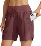 Willit Women's 7" Athletic Running Shorts Long Workout Hiking Shorts Quick Dry High Waisted Active Shorts Zipper Pocket Dark Red M