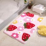 yikinb Strawberry Bath Mat,Cute Flocking Bath Mat Non Slip,Fun Flower Strawberry Bath Mat,Small Bath Mat Rug for Bedroom Bathroom (Pink)