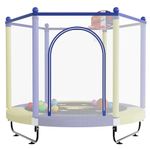 60" Trampoline for Kids, 5 FT Toddler Baby Trampoline with Safety Enclosure Net, Indoor or Outdoor Blue/Yellow Small Trampolines with Basketball Hoop, Birthday Gifts for Kids, Gifts for Boy Age 3-8