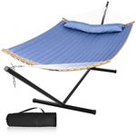 2 Person Hammock with Stand,12.5 Ft,Heavy Duty 450 lbs,Folding Curved Spreader Bar Hammock, Pillow & 2 Portable Bags(Blue)