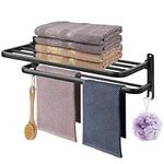 Towel Rack with Hooks, Towel holder with 2 Towel Bars Non Drill Towel Shelf for Bathroom, Kitchen, Toilet, Hotel or Office, Matte Black 60cm (24inch)