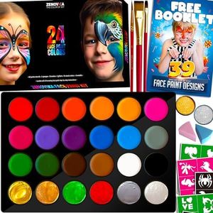 Zenovika Face Painting Kit for Kids - Non-Toxic and Hypoallergenic Face Paint Kit with 24 Colors, Stencils, Book, and Professional Halloween Makeup Kit - Safe and Easy to Use Face Paint Kit for Kids