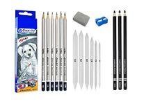 Definite Art Artline Set of 6 Sketch Pencil + 3 Black Charcoal Pencils (Soft, Medium, Hard) + Blending/Smudging Stumps Set of 6(Size 1-6)+ Sharpener + Kneadable Eraser